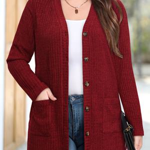 TEMU 여성용 스타일리시 따뜻한 카디건, 포켓이 있는 패브릭 소재