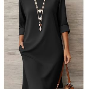 TEMU 여성용 캐주얼 여름 단색 무릎 기장 원피스 - 라운드 넥 슬림핏 디자인, 사이드 슬릿, 가볍고 통기성 좋은 원단, 더운 날씨에 적합, 루즈핏, 고품질 스티칭, 주말 의상