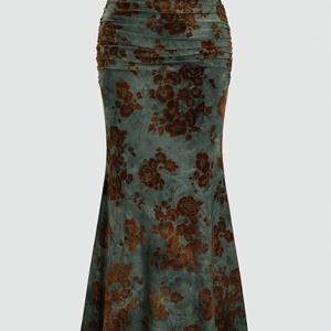 TEMU 2025 가을 신상 여성 빈티지 플로킹 프린트 머메이드 드레스, 가을 겨울 롱 스타일, 가을 드레스, 겨울 드레스, 클래식 룩, 여성스러운 디자인, 플로킹 소재, 고급 스티칭, 레트로 드레스, 스타일리시 드레스, 빈티지 애호가, 오피스 웨어