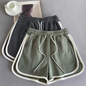 TEMU 여성용 단색 드로스트링 라운지웨어 팬츠 2개, 신축성 있는 허리 대비 색상 캐주얼 돌고래 반바지, 여성 스웨어, 캠퍼스, 대학, 가정용으로 적합