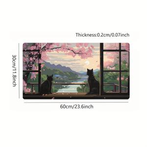 TEMU 대형 일본 벚꽃과 검은 고양이 책상 매트 - 미끄럼 방지 고무 베이스, 스티치 처리된 가장자리, 매끄러운 표면, 사무실 및 가정용, 그림 같은 풍경 디자인의 내구성 있는 마우스 패드, 가정용 책상 매트 | 풍경 책상 매트 | 안정적인 책상 매트, 책상 매트