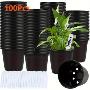 TEMU 100개 묶음 묘목 화분 세트 - 식물 태그 포함, 배수구가 있는 소형 플라스틱 화분, 씨앗 발아, 번식, 이식에 적합한 소형/야외용 둥근 화분 - 건강한 뿌리 성장 (경제적)