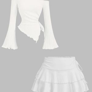 TEMU 여성용 캐주얼 오프숄더 러플 슬리브 상의와 러플 하프 스커트 세트