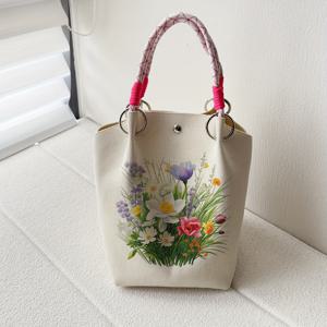 TEMU 새로운 나비 꽃 프린트 드로스트링 버클 니트 휴대폰 가방 핸드백 크로스바디 백, 색상은 밝고 부드러워집니다. 쇼핑용으로 휴대하거나, 일상적인 사용에 다용도로 적합한 선택입니다.