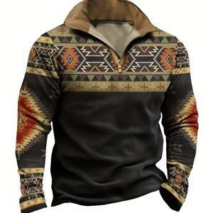 TEMU 남성용 빈티지 하프 지퍼 라펠 셔츠 - 지퍼 칼라 & 기하학적 패치워크, 봄/가을용 따뜻한 긴팔, 캐주얼 오피스웨어, 기계 세탁 가능, 레귤러 핏 (비투명)