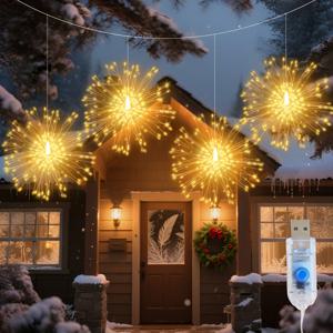 TEMU 4/2개 야외 장식용 스타버스트 볼 조명, 360/180LED 매달리는 불꽃놀이 조명, 8가지 모드 크리스마스 장식 정원 조명. 처마, 파티오, 정원, 마당, 휴일, 크리스마스 조명 장식에 적합