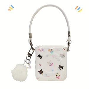 TEMU 귀여운 고양이 자석 흡착식 휴대폰 케이스, 손목 줄 및 털볼 걸이 액세서리 포함, 갤럭시 ZFlip 7/ZFlip 6용, 힌지 보호, 갤럭시 ZFlip 5용 플립 커버, 삼성 폴더블용 낙하 방지 보호 케이스