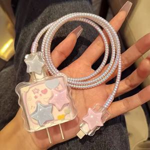 TEMU 4개 세트 3D 귀여운 별과 파도 테두리 충전기 보호 커버, iPhone 16/15/14/13/12/11 호환, 18/20W 고속 충전기 케이블 보호기, 끊김 방지 및 꼬임 방지 케이블, 남자친구/ 크리스마스/할로윈 선물