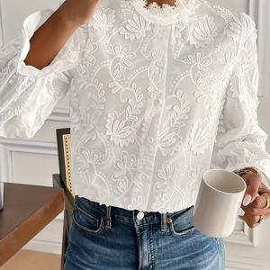 TEMU 우아한 화이트 플로럴 자수 레이스 긴팔 블라우스 | 하이넥, 버튼 앞면, 러플 커프스, 봄/가을에 적합