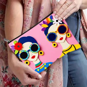 TEMU 1개, 꽃과 안경을 든 여성, 색상, 가벼운 접이식 지퍼 메이크업 가방, 세탁기 사용 가능, 휴대용 수납 | 우아한 액세서리 | 지퍼 잠금, 소형 화장품 가방