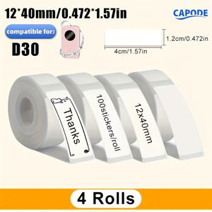 TEMU 4롤 자체 접착 라벨 - 연속 12x40mm 0.472x1.57인치 흰색 스티커 노트, 롤당 100장, D30 모델 호환, 내구성 및 매끄러운 필기, 사무실, 학교 또는 가정용, 학용품, 라벨 디자인, 쓰기 쉬운 표면|라벨프린터기