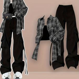 TEMU 하라주쿠 패션을 영감받은 루즈핏 캐주얼 빈티지 체크 무늬 긴팔 셔츠, 기본 조끼, 하이웨이스트 와이드 레그 카고 팬츠가 포함된 여성용 3피스 의상 세트