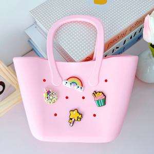 TEMU 1 솔리드 컬러 실리콘 소재 + 매칭 4개 만화 캐릭터 더블 핸들 핸드백, 비치백, 욕실 수납 가방, 이브닝 백, 쇼핑백