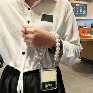 TEMU 폰 케이스: 갤럭시 Z 플립7/플립6/플립5/Z 플립4/3 호환 신상 스타일리시 진주 크로스바디 숄더 스트랩 체인 랜야드 접이식 폰 케이스, 럭셔리 안티드롭 보호 투명 백커버