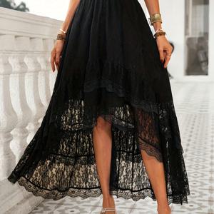 TEMU 여성 레이스 아сим메트리 밑단 플로리드 하이웨스트 미디 스커트 | 해변 바캉스 & 축제에 적합, 루즈핏, 단색