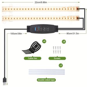 TEMU 식물 성장 조명 스트립, 60 LED 실내용 식물 성장등 풀 스펙트럼, 업그레이드 타이머 6/12/16시간, 10단계 조광 기능, 2팩 선라이크 성장 램프, 수경재배 다육식물용