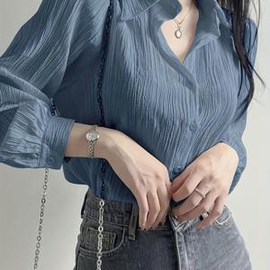 TEMU 솔리드 컬러 셔츠 여성용 프렌치 긴팔 블라우스 자외선 차단 재킷 가을 겨울 얇은 여성 의류 디자인 셔츠 탑