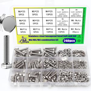 TEMU 스테인리스 스틸 육각 볼트와 너트 혼합 키트 240개 - M4/M5/M6 육각 머리 기계 나사, 너트, 잠금 垫輪, 평판넬 세트, DIY, 수리 및 조립 프로젝트용