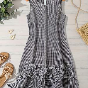 TEMU 여성용 블랙 앤 화이트 체크 3D 플로럴 드레스, 여름 캐주얼 휴가 스타일, 러플 스윙 A라인 드레스, 세탁기 사용 가능