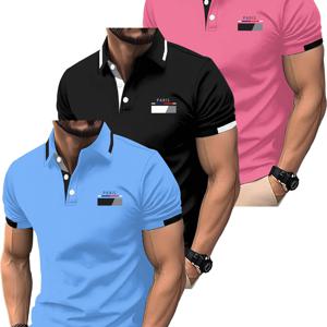 TEMU 남성용 반팔 셔츠 3개 - 3D 디지털 프린팅 패턴 - 파리 도시 로고가 있는 프랑스 국기 색상 조합, 버튼이 있는 패셔너블하고 심플한 반팔 셔츠, 캐주얼 칼라 셔츠, 패셔너블하고 활용도 높은, 데이트 및 해변 휴가에 적합