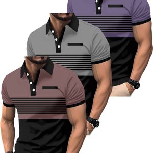 TEMU 남성용 3D 말 패턴 기하학 줄무늬 반팔 셔츠 3개 - 통기성 좋은 여름 골프 캐주얼 셔츠, 레귤러 핏, 기계 세탁 가능