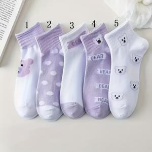 TEMU 여성용 발목 양말 5켤레, 귀여운 곰 캐릭터 패턴, 보라색, 통기성 좋고 편안한 원단, 220g/m², 손세탁 또는 전문 드라이클리닝