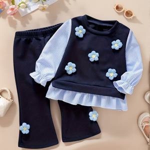 TEMU 네이비 블루 플로럴 아기 여아 의상 (상의 + 플레어 팬츠), 부드럽고 피부 친화적인 원단으로 제작되어 귀여운 홈웨어 또는 캐주얼 외출복으로 완벽하며 야외 활동에도 적합합니다.