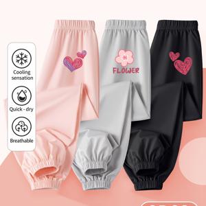 TEMU 3개 세트 여아용 긴 바지, 여름 바지, 얇은 메쉬 통기성 바지, 속건성 쿨, 플로럴 패턴, 귀엽고 장난기 넘치는 스타일, 야외 활동에 적합, 탄성 허리 밴드, 캐주얼 다용도, 3-14세