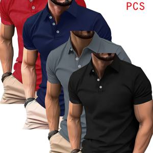 TEMU 속건성 통기성 폴로 셔츠 4개 세트 - 단색 라펠 칼라 반팔 버튼업 셔츠, 골프, 요트, 사무실 및 데일리웨어에 적합한 경량 스트레치 폴리에스터 - 활동적인 라이프스타일에 적합