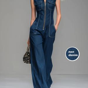 TEMU 프린팅 팬츠 [데님 원단 아님] 신상 봄/여름 빈티지 데님 점프수트, 민소매 디자인, 와이드 레그 팬츠 스타일, 몸매 보정, 논데님