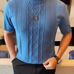 TEMU 남성용 신상 봄 여름 단색 패션 하프넥 니트 반팔