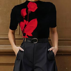 TEMU 여성용 블라우스 스타일 플로럴 프린트 라운드넥 반팔 풀오버 상의 - 신축성 있는 꼭 맞는 핏의 봄 여름 가을용 블라우스, 기계 세탁 가능 데일리웨어 블라우스 셔츠