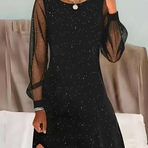 TEMU 여성용 라운드넥 루즈 드레스, 패셔너블, 골드 시퀸, 메쉬 소매 드레스