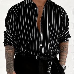 TEMU 남성용 스트리트 프레피 스타일 흑백 셔츠, 릴랙스 핏 긴팔 셔츠