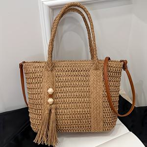 TEMU Perfect Lily 여성용 대용량 우븐 짚 가방, 조절식 어깨 스트랩 및 지퍼 잠금장치 포함 - 술 장식, 구슬 참, 동일한 소재의 우븐 핸드 스트랩 포함, 손잡이 또는 크로스백으로 휴대 가능, 출퇴근, 휴가, 쇼핑용 다기능 핸드백, 우아하고 내구성 있는 폴리에스터 안감