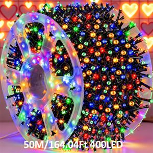 TEMU 400/320/260/180LED 야외 페어리 스트링 조명, 8가지 모드, 그린 와이어 LED 장식 조명, 164.04/131.23/98.42/65.61ft 사용 가능, 축제 조명, 멀티컬러 라이트, IPX4 홈, 가든, 파티, 트리, 생일, 발렌타인데이, 어버이날용