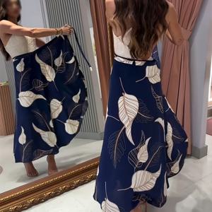 TEMU 잎 프린트 하이웨이스트 랩 타이 벨트 스커트, 캐주얼 아сим메트리 밑단 스커트, 우아한 스타일 여성 스커트, , 야외 여행, 올 시즌 착용, 캐주얼 및 포멀 복장에 적합