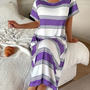 TEMU 여성 캐주얼 블루 & 화이트 프린트 루즈 롱 티셔츠 나이트 드레스 | 크루넥, 올 시즌, 성인용