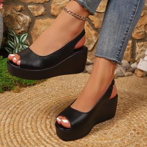 TEMU 여성 패션 웨지 платформа 샌들, 봄/여름 2026 신상품, 블랙 리치 질감 슬립온 플랫폼 힐, 뒷면 발목 스트랩, 포인티드 토, 가볍고 편안함 - 쇼핑, 여행, 레저 및 일상 외출에 적합, 여성 신발