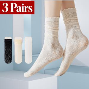 TEMU 레이스 양말 파일 양말 여름 얇은 레이스 할로우 메쉬 여름 통기성 여성 발레 스타일 JK 양말 3켤레