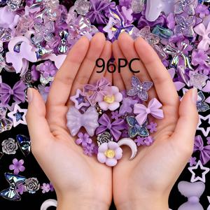 TEMU 귀여운 보라색 수지 장식 구슬 96개, 카와이 곰 리본 별 달 참, DIY 네일 아트, 헤어 클립 & 공예 프로젝트용