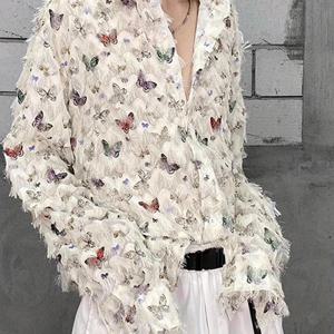 TEMU INCERUN 남성 나비 프린트 태슬 장식 긴소매 터nda운 칼라 싱글 브레스트 스타일리시 캐주얼 셔츠