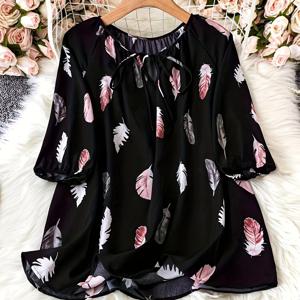 TEMU 플러스 사이즈 - 플러스 사이즈 - 플러스 사이즈 패션 프린트 리본 스위트하트 넥라인 탑 셔츠