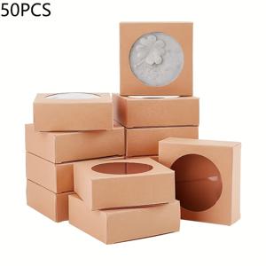 TEMU 20/50개-크래프트 종이 선물박스, 비식품용 직접 접촉가능, 원형투명창, 접이식 사각포장지 - 주얼리전시, 결혼식·파티·생일기념, 크리스마스, Halloween