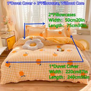 TEMU 폴리에스터 프린트 대형 오렌지색 이불 커버 세트 3개, 과일 프린트, 체크무늬 프린트, 침실용 스위트 1개의 이불 + 2개의 베갯잇