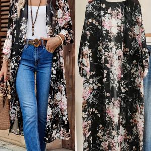 TEMU 여성용 롱기장 상의, 패셔너블한 프린트 세미 시폰 시폰 셔츠, 해변 휴가 여성용 롱 플로우리 아우터웨어, 의류