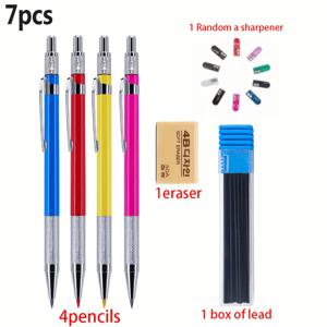 TEMU 신학기 시즌 7pcs/세트 2.0mm 기계식 자동 연필, 솔리드 필링 가능, 샤프너 내장, 데일리 사무용 필기, 스케치, 마킹 문구, 정밀 필기 도구 (펜 4개+연필심 1개+지우개 1개+랜덤 샤프너)