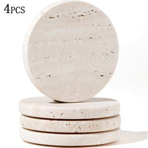 TEMU 천연 트라버틴 대리석 코스터 4개 세트 - 미끄럼 방지 코르크 백킹, 원형 스톤 음료 코스터, 테이블용, 얼룩 및 스크래치 방지, 우아한 천연석 테이블 보호대, 집들이 결혼 선물, 내구성 & 미적 감각