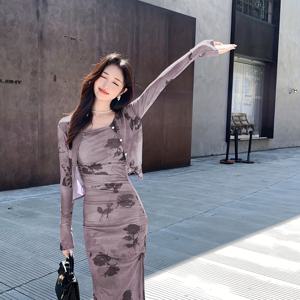 TEMU 프렌치 레트로 허리 주름 짧은 메쉬 멜빵 원피스, 고급스러운 스타일의 슬림 카디건 재킷 드레스