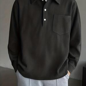 TEMU 남성용 단색 코듀로이 라펠 긴소매 폴로 셔츠, 루즈핏 캐주얼 풀오버, 봄가을 착용